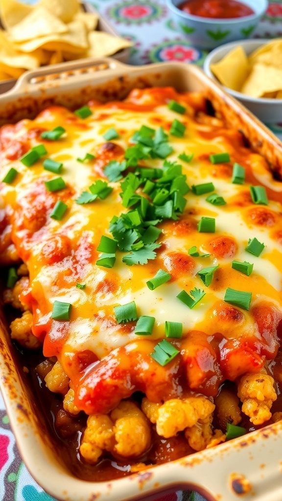 A hearty cauliflower enchilada casserole with layers of cheese and enchilada sauce, garnished with cilantro, on a rustic table.
